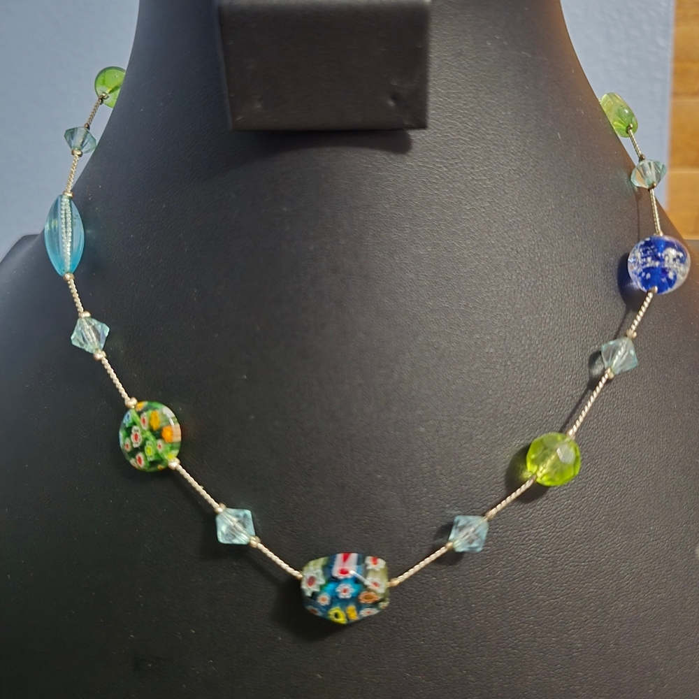 Robert Rose Millefiori Glass Blue & Green Beaded Silver-Toned Necklace